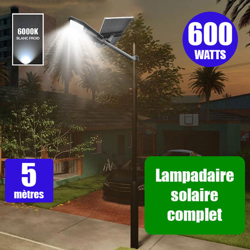 Pack lampadaire complet 5 mètres : Lampe de rue solaire Série INTERSTELLAR ULTRA - 600 Watts - 3600 Lumens - 6000K + Mât STANDARD 5 mètres