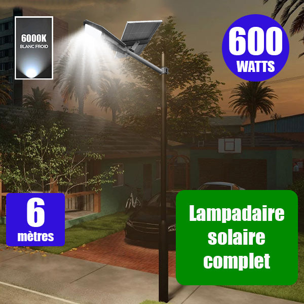 Pack lampadaire complet 6 mètres : Lampe de rue solaire Série INTERSTELLAR ULTRA - 600 Watts - 3600 Lumens - 6000K + Mât STANDARD (V1 EVO ou V4 EVO - Avec trappe)