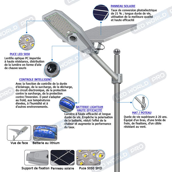 Pack lampadaire complet 6 mètres : Lampe de rue solaire Série INTERSTELLAR ULTRA - 600 Watts - 3600 Lumens - 3000K + Mât STANDARD 6 mètres au choix (Série STANDARD V1 EVO ou Série STANDARD V4 EVO - Avec trappe)