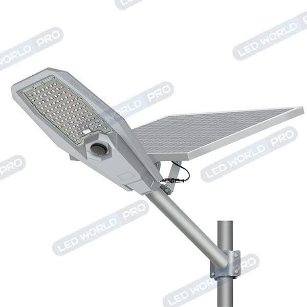 Lampe de rue solaire - Série INTERSTELLAR ULTRA - 600 Watts - 3600 Lumens - Angle 150x70° - IP65 - Lampe 62 x 30 x 8 cm - Panneau 67 x 45 cm - Controleur intelligent - Avec télecommande - Capteur PIR - 6000k - Support inclus - Capteur crépusculaire