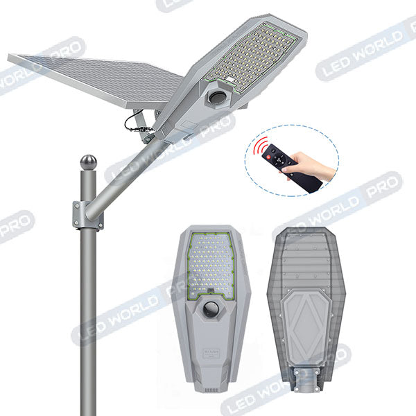 Pack de 4x Lampes de rue solaire - Série INTERSTELLAR ULTRA - 600 Watts - 3600 Lumens - Angle 150x70° - IP65 - Lampe 62 x 30 x 8 cm - Controleur intelligent - Avec télecommande - Capteur PIR - 6000k - Support inclus - Capteur crépusculaire