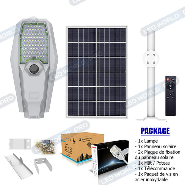 Pack lampadaire complet 5 mètres : Lampe de rue solaire Série INTERSTELLAR ULTRA - 400 Watts - 3100 Lumens - 6000K + Mât STANDARD (V1 EVO ou V4 EVO - Avec trappe)