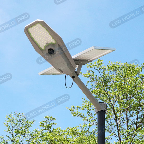 Pack lampadaire complet 6 mètres : Lampe de rue solaire Série INTERSTELLAR ULTRA - 600 Watts - 3600 Lumens - 6000K + Mât STANDARD (V1 EVO ou V4 EVO - Avec trappe)