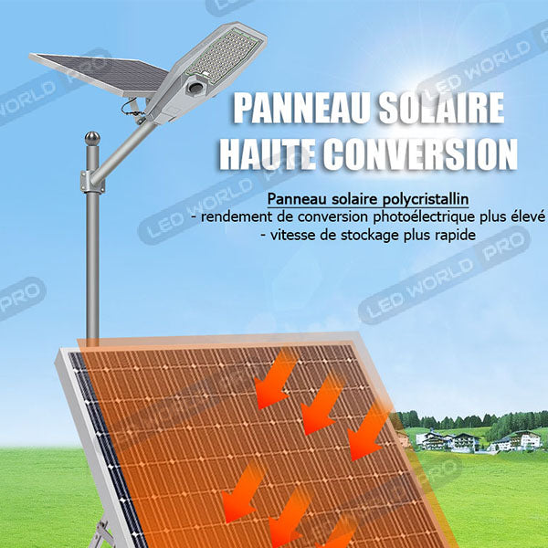 Pack lampadaire complet 3 mètres : Lampe de rue solaire Série INTERSTELLAR ULTRA - 400 Watts - 3100 Lumens - 6000K + Mât STANDARD 3 mètres