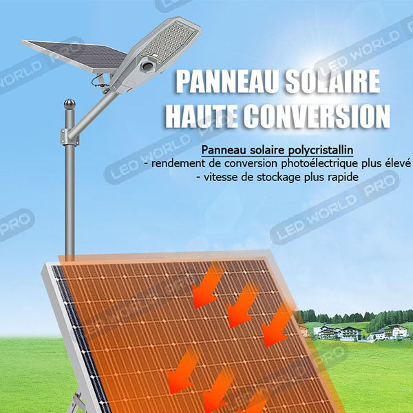 Pack lampadaire complet 5 mètres : Lampe de rue solaire Série INTERSTELLAR ULTRA - 400 Watts - 3100 Lumens - 6000K + Mât STANDARD (V1 EVO ou V4 EVO - Avec trappe)
