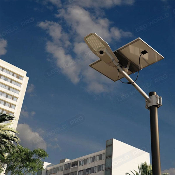 Pack lampadaire complet 6 mètres : Lampe de rue solaire Série INTERSTELLAR ULTRA - 600 Watts - 3600 Lumens - 3000K + Mât STANDARD 6 mètres