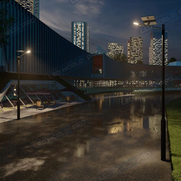 Pack lampadaire complet 6 mètres : Lampe de rue solaire Série INTERSTELLAR ULTRA - 600 Watts - 3600 Lumens - 6000K + Mât STANDARD (V1 EVO ou V4 EVO - Avec trappe)