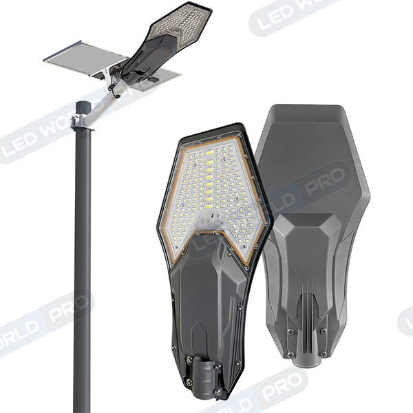 Pack lampadaire complet 5 mètres : Lampe de rue solaire Série INTERSTELLAR ELITE - 800 Watts - 5600 Lumens - 6000K + Mât STANDARD V1 EVO 5 mètres - Entraxe latéral des trous 200mm