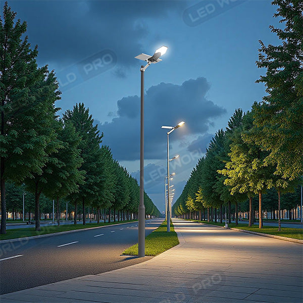 Pack lampadaire complet 5 mètres : Lampe de rue solaire Série INTERSTELLAR ELITE - 800 Watts - 5600 Lumens - 6000K + Mât STANDARD V1 EVO 5 mètres - Entraxe latéral des trous 200mm