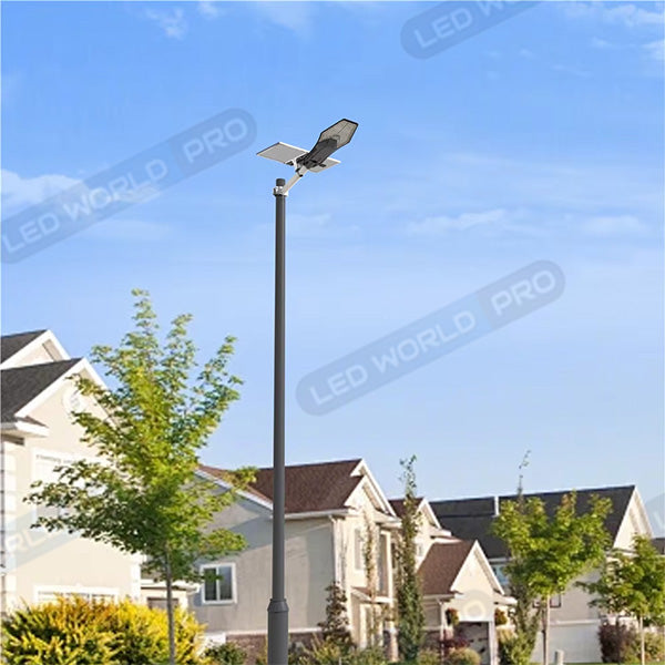 Pack lampadaire complet 5 mètres : Lampe de rue solaire Série INTERSTELLAR ELITE - 800 Watts - 5600 Lumens - 6000K + Mât STANDARD V1 EVO 5 mètres - Entraxe latéral des trous 200mm
