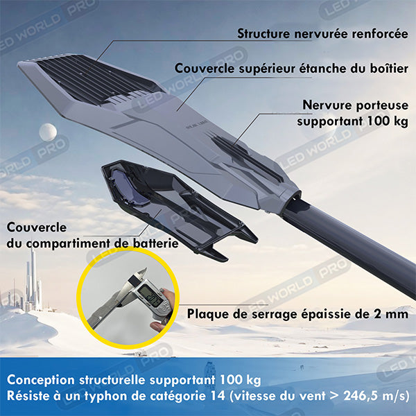 Lampe de rue solaire - Série INTERSTELLAR ELITE PIR - 800 Watts - 5600 Lumens - Angle 150*70° - IP66 - Lampe 75 x 34 x 10 cm - Panneau MONO 67 x 45 x 3 cm - Contrôleur intelligent - Télécommande - Support inclus - Détecteur de mouvement - 6000k