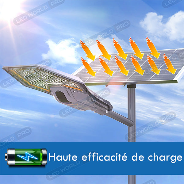 Lampe de rue solaire - Série INTERSTELLAR ELITE PIR - 800 Watts - 5600 Lumens - Angle 150*70° - IP66 - Lampe 75 x 34 x 10 cm - Panneau MONO 67 x 45 x 3 cm - Contrôleur intelligent - Télécommande - Support inclus - Détecteur de mouvement - 6000k