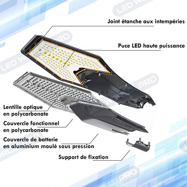 Pack lampadaire complet 5 mètres : Lampe de rue solaire Série INTERSTELLAR ELITE - 800 Watts - 5600 Lumens - 6000K + Mât STANDARD V1 EVO 5 mètres - Entraxe latéral des trous 200mm