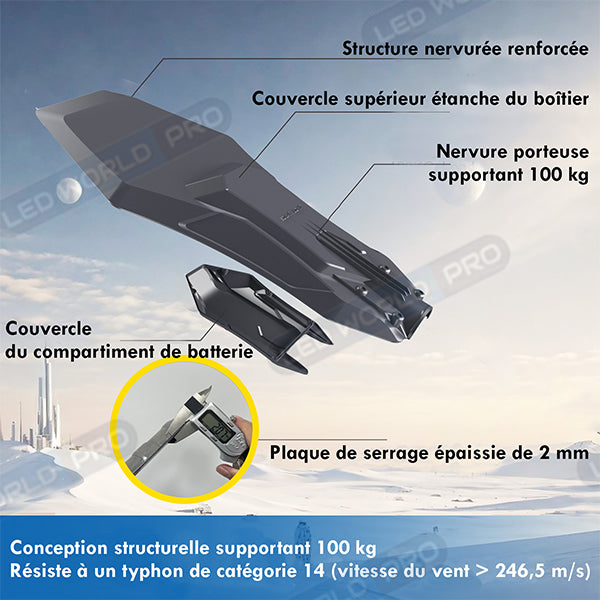 Pack lampadaire complet 5 mètres : Lampe de rue solaire Série INTERSTELLAR ELITE - 800 Watts - 5600 Lumens - 6000K + Mât STANDARD V1 EVO 5 mètres - Entraxe latéral des trous 200mm