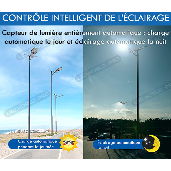Lampe de rue solaire - Série INTERSTELLAR ELITE PIR - 800 Watts - 5600 Lumens - Angle 150*70° - IP66 - Lampe 75 x 34 x 10 cm - Panneau MONO 67 x 45 x 3 cm - Contrôleur intelligent - Télécommande - Support inclus - Détecteur de mouvement - 6000k