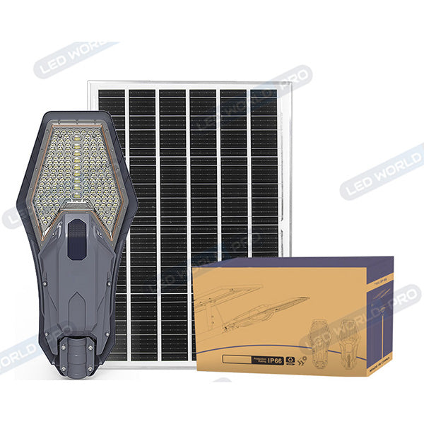 Lampe de rue solaire - Série INTERSTELLAR ELITE PIR - 800 Watts - 5600 Lumens - Angle 150*70° - IP66 - Lampe 75 x 34 x 10 cm - Panneau MONO 67 x 45 x 3 cm - Contrôleur intelligent - Télécommande - Support inclus - Détecteur de mouvement - 6000k