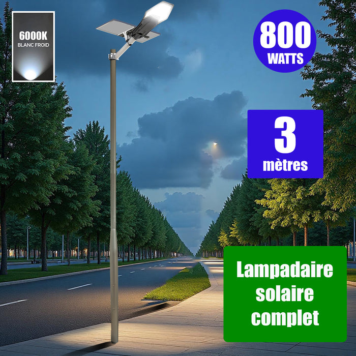 Pack lampadaire complet 3 mètres : Lampe de rue solaire Série INTERSTELLAR ELITE - 800 Watts - 5600 Lumens - 6000K + Mât STANDARD V1 EVO ou Mât STANDARD V4 ECO 3 mètres