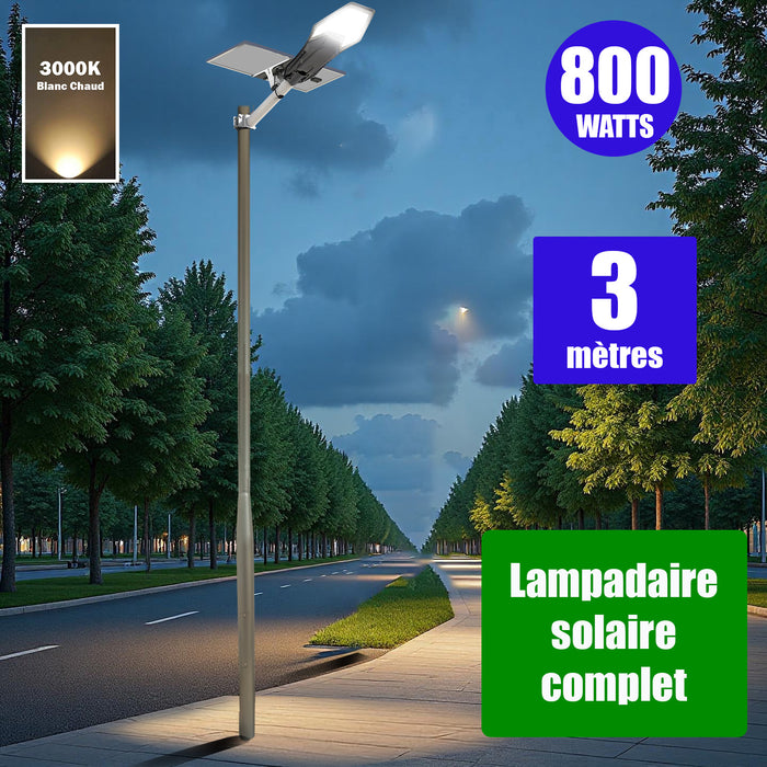 Pack lampadaire complet 3 mètres : Lampe de rue solaire Série INTERSTELLAR ELITE - 800 Watts - 5600 Lumens - 3000K + Mât STANDARD V1 EVO ou Mât STANDARD V4 ECO 3 mètres