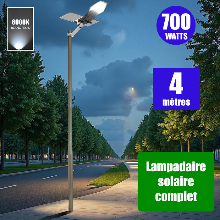 Pack lampadaire complet 4 mètres : Lampe de rue solaire Série INTERSTELLAR ELITE - 700 Watts - 4800 Lumens - 6000K + Mât STANDARD V1 EVO ou Mât STANDARD V4 ECO 4 mètres