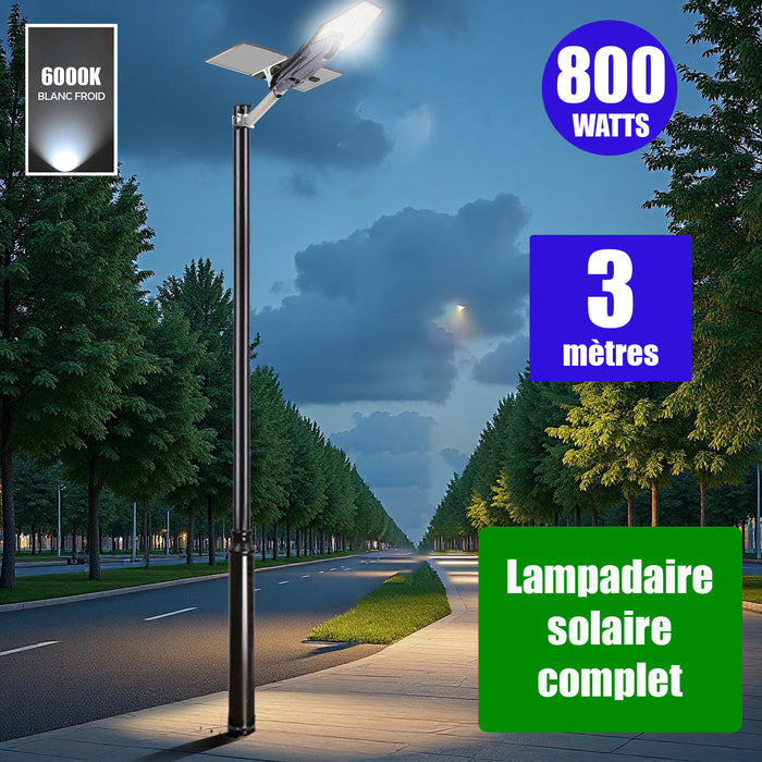 Pack lampadaire complet 3 mètres : Lampe de rue solaire Série INTERSTELLAR ELITE PIR - 800 Watts - 5600 Lumens - 6000K + Mât STANDARD V1 EVO ou Mât STANDARD V4 ECO 3 mètres