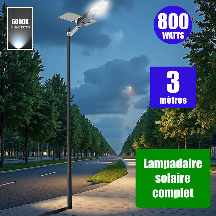 Pack lampadaire complet 3 mètres : Lampe de rue solaire Série INTERSTELLAR ELITE PIR - 800 Watts - 5600 Lumens - 6000K + Mât STANDARD V1 EVO ou Mât STANDARD V4 ECO 3 mètres
