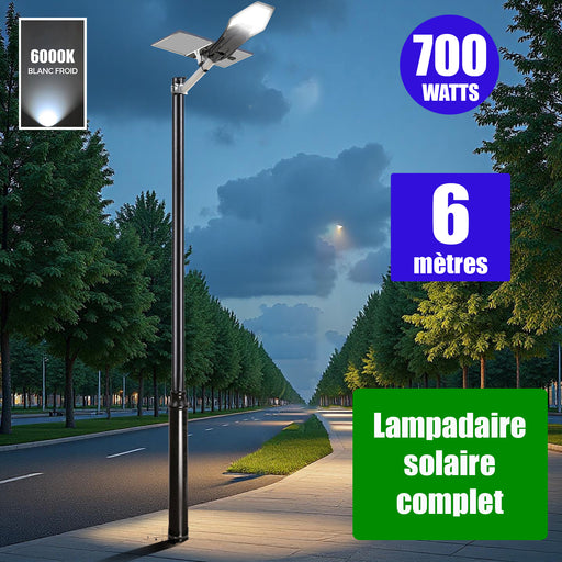 Pack lampadaire complet 6 mètres : Lampe de rue solaire Série INTERSTELLAR ELITE - 700 Watts - 4800 Lumens - 6000K + Mât STANDARD V1 EVO 6 mètres - Entraxe latéral des trous 200mm