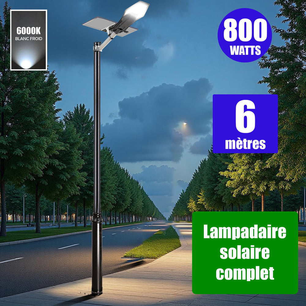 Pack lampadaire complet 6 mètres : Lampe de rue solaire Série INTERSTELLAR ELITE - 800 Watts - 5600 Lumens - 6000K + Mât STANDARD V1 EVO 6 mètres - Entraxe latéral des trous 200mm
