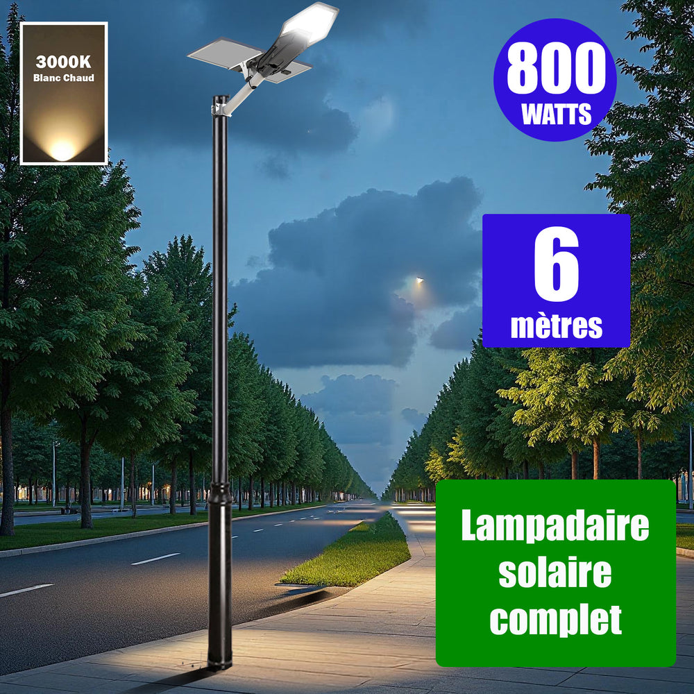 Pack lampadaire complet 6 mètres : Lampe de rue solaire Série INTERSTELLAR ELITE - 800 Watts - 5600 Lumens - 3000K + Mât STANDARD V1 EVO 6 mètres - Entraxe latéral des trous 200mm