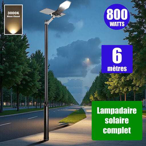 Pack lampadaire complet 6 mètres : Lampe de rue solaire Série INTERSTELLAR ELITE - 800 Watts - 5600 Lumens - 3000K + Mât STANDARD V1 EVO 6 mètres - Entraxe latéral des trous 200mm
