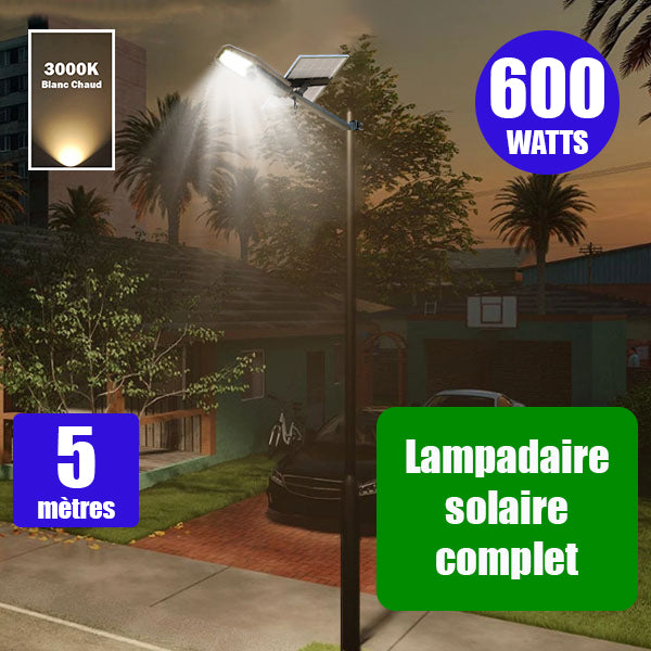 Pack lampadaire complet 5 mètres : Lampe de rue solaire Série INTERSTELLAR ULTRA - 600 Watts - 3600 Lumens - 3000K + Mât STANDARD 5 mètres au choix (Série STANDARD V1 EVO ou Série STANDARD V4 EVO - Avec trappe)