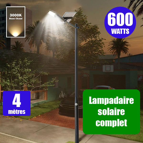 Pack lampadaire complet 4 mètres : Lampe de rue solaire Série INTERSTELLAR ULTRA - 600 Watts - 3600 Lumens - 3000K + Mât STANDARD 4 mètres au choix (Série STANDARD V1 EVO ou Série STANDARD V4 EVO - Avec trappe)