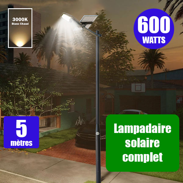 Pack lampadaire complet 5 mètres : Lampe de rue solaire Série INTERSTELLAR ULTRA - 600 Watts - 3600 Lumens - 3000K + Mât STANDARD 5 mètres au choix (Série STANDARD V1 EVO ou Série STANDARD V4 EVO - Avec trappe)