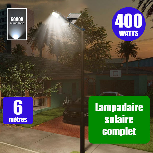 Pack lampadaire complet 6 mètres : Lampe de rue solaire Série INTERSTELLAR ULTRA - 400 Watts - 3100 Lumens - 6000K + Mât STANDARD (V1 EVO ou V4 EVO - Avec trappe)