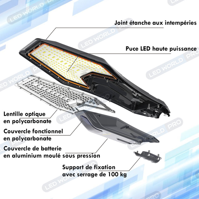 Pack lampadaire complet 3 mètres : Lampe de rue solaire Série INTERSTELLAR ELITE PIR - 800 Watts - 5600 Lumens - 6000K + Mât STANDARD V1 EVO ou Mât STANDARD V4 ECO 3 mètres
