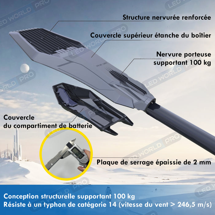 Pack lampadaire complet 3 mètres : Lampe de rue solaire Série INTERSTELLAR ELITE PIR - 800 Watts - 5600 Lumens - 6000K + Mât STANDARD V1 EVO ou Mât STANDARD V4 ECO 3 mètres