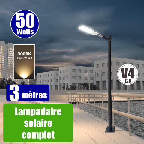 Pack lampadaire filaire complet 3 mètres : Lampe de rue filaire - Série FLEX ECO - 50 Watts - 6000 Lumens - 3000k + Mât STANDARD V4 ECO 3 mètres - Avec trappe + Support déporté 45mm