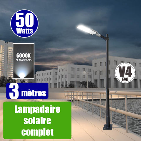 Pack lampadaire filaire complet 3 mètres : Lampe de rue filaire - Série FLEX ECO - 50 Watts - 6000 Lumens - 6000k + Mât STANDARD V4 ECO 3 mètres - Avec trappe + Support déporté 45mm