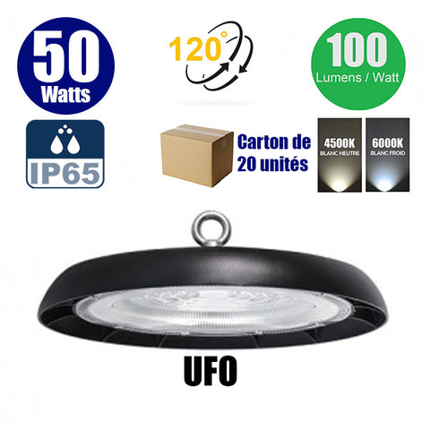Carton de 20x Lampes industrielles LED UFO - Série DIAMANT V3 - 50 Watts - 5000 Lumens - 100 Lumens/Watt - Angle 120° - 27 x 9 cm - IP65 - Câble 30cm - 4000k / 6000k au choix