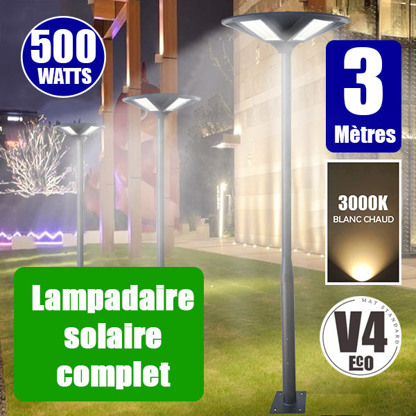 Pack lampadaire solaire complet 3 mètres : Lampe solaire - Série OVNI HERCULE - 500 Watts - 3000K + Mât STANDARD V4 ECO 3 mètres NOIR avec trappe - Entraxe latéral des trous 160mm