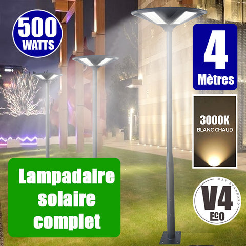 Pack lampadaire solaire complet 4 mètres : Lampe solaire - Série OVNI HERCULE - 500 Watts - 3000K + Mât STANDARD V4 ECO 4 mètres NOIR avec trappe - Entraxe latéral des trous 160mm