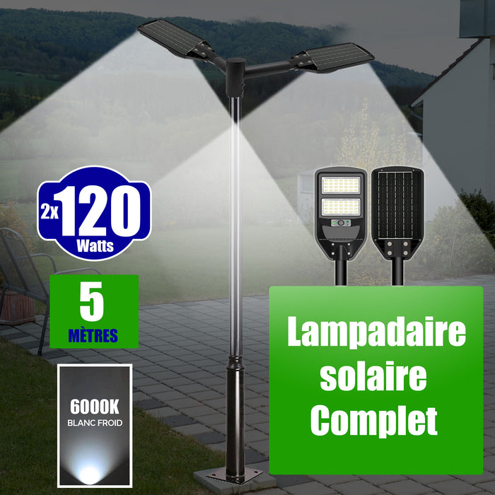 Pack lampadaire solaire complet 5 mètres : Double Luminaire LED pour Candélabre / Lampe de rue et parking - Série VIEW V2 - 2x 120 Watts - 1200 Lumens - 6000k + Mât STANDARD 5 mètres + Adaptateur double tête de mât en ligne ou perpendiculaire