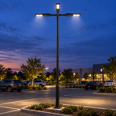 Pack lampadaire solaire complet triple tête 3/4/5/6 mètres au choix : 3x Lampes solaires Série POWER EVO V2 + Mât STANDARD EVO - Entraxe des trous 200mm + Adaptateur triple tête 80/60 mm