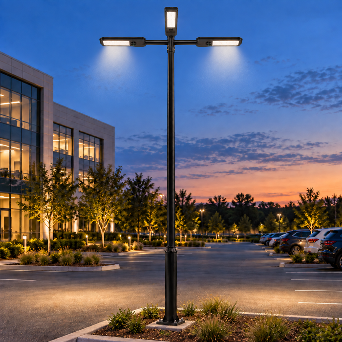 Pack lampadaire solaire complet Triple tête 3/4/5/6 mètres au choix : 3x Lampes solaires Série VIEW V2 EVO + Mât STANDARD V1 EVO - Entraxe des trous 200mm + Adaptateur triple tête 80/60 mm