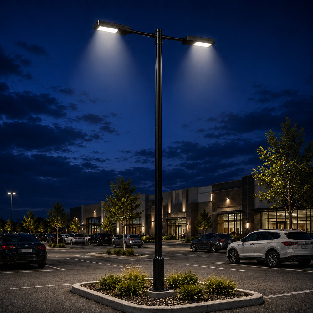 Pack lampadaire solaire complet double tête 3/4/5/6 mètres au choix : 2x Lampes solaires - Série STREET EVO V2 CCT + Mât STANDARD V1 EVO + Adaptateur double tête de mât + 2x Adaptateurs ajustables 80/50mm