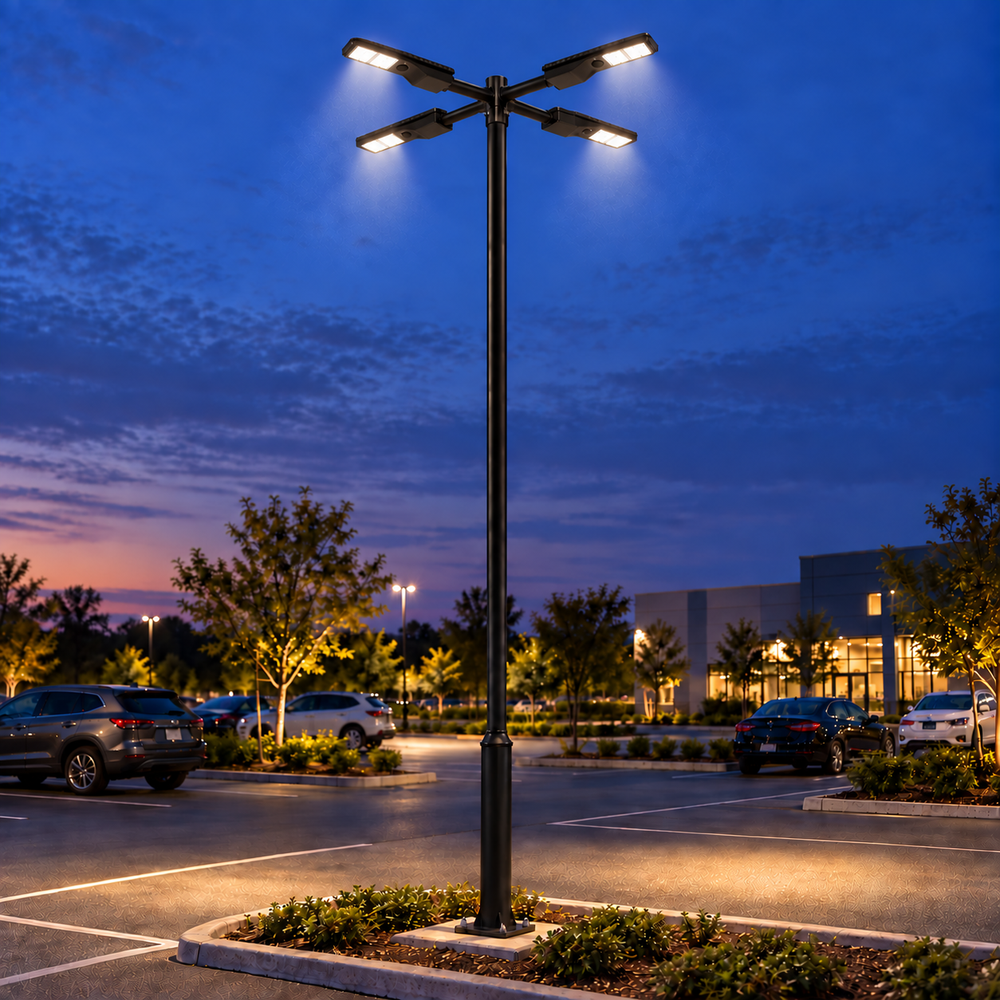 Pack lampadaire solaire complet quadruple tête 3/4/5/6 mètres au choix : 4x Lampes solaires Série POWER EVO V2 + Mât STANDARD EVO - Entraxe des trous 200mm + Adaptateur quadruple tête 80/60 mm