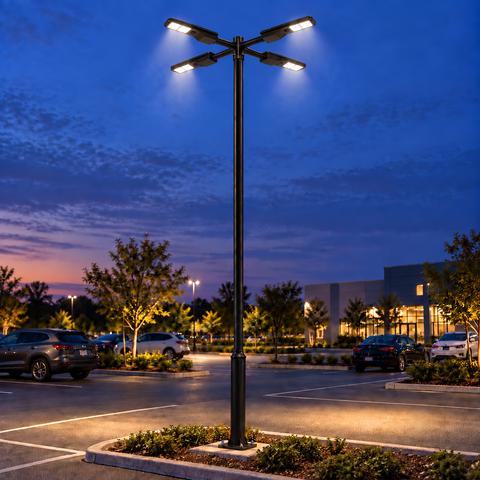Pack lampadaire solaire complet quadruple tête 3/4/5/6 mètres au choix : 4x Lampes solaires Série POWER EVO V2 + Mât STANDARD EVO - Entraxe des trous 200mm + Adaptateur quadruple tête 80/60 mm