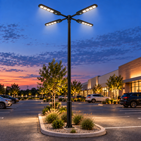Pack lampadaire solaire complet Quadruple tête 3/4/5/6 mètres au choix : 4x Lampes solaires Série VIEW V3 + Mât EVO - Entraxe des trous 200mm + Adaptateur quadruple tête 80/60 mm