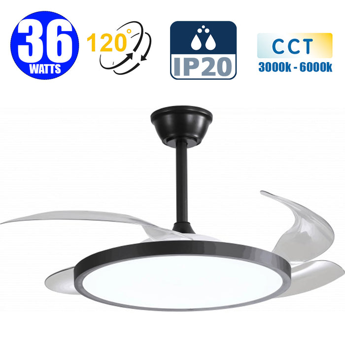 Ventilateur de plafond LED - Série FRESH - Version SLIM - 36 Watts - 2880 Lumens  - 80 Lumens/watt - CCT 3000k/4000k/6000k - IP20 - Angle 120° -  1067mm de diamètre - Modèle Noir - Avec télécommande