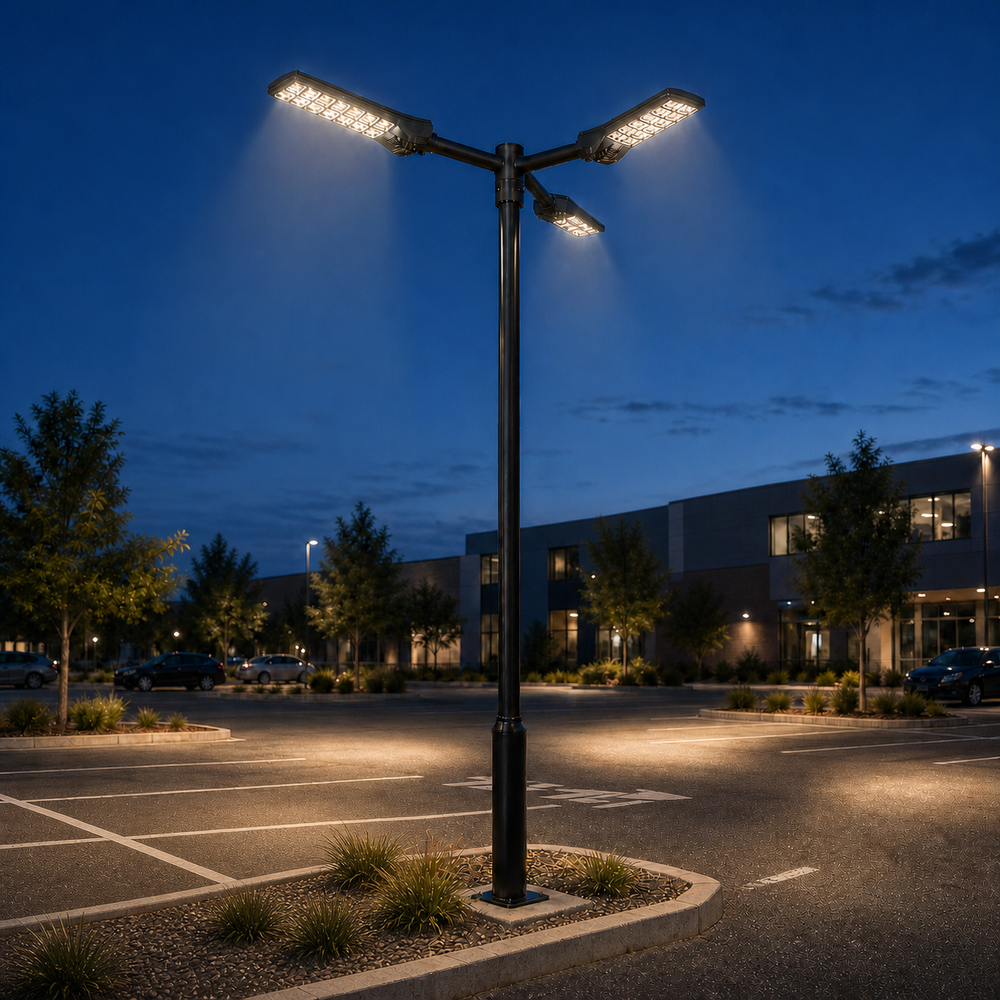 Pack lampadaire solaire complet triple tête 3/4/5/6 mètres au choix : 3x Lampadaires solaires - Série POWER ULTRA V2 CCT + Mât STANDARD V1 EVO + Adaptateur triple tête de mât + 3x Adaptateurs ajustables 80/50mm