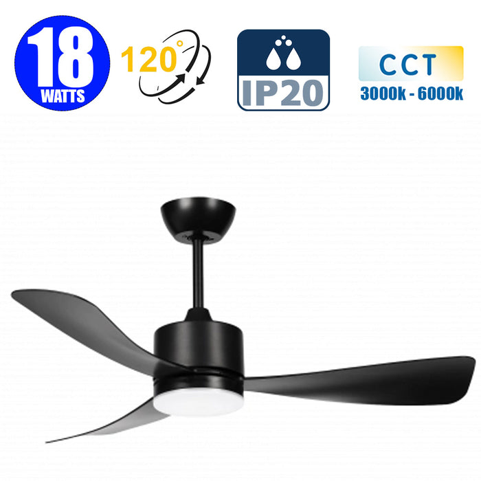 Ventilateur de plafond LED - Série FRESH - 18 Watts - 1440 Lumens - 80 Lumens/watt - CCT 3000k/4000k/6000k - IP20 - Angle 120° - 106 x40 cm - Modèle Noir - Avec télécommande